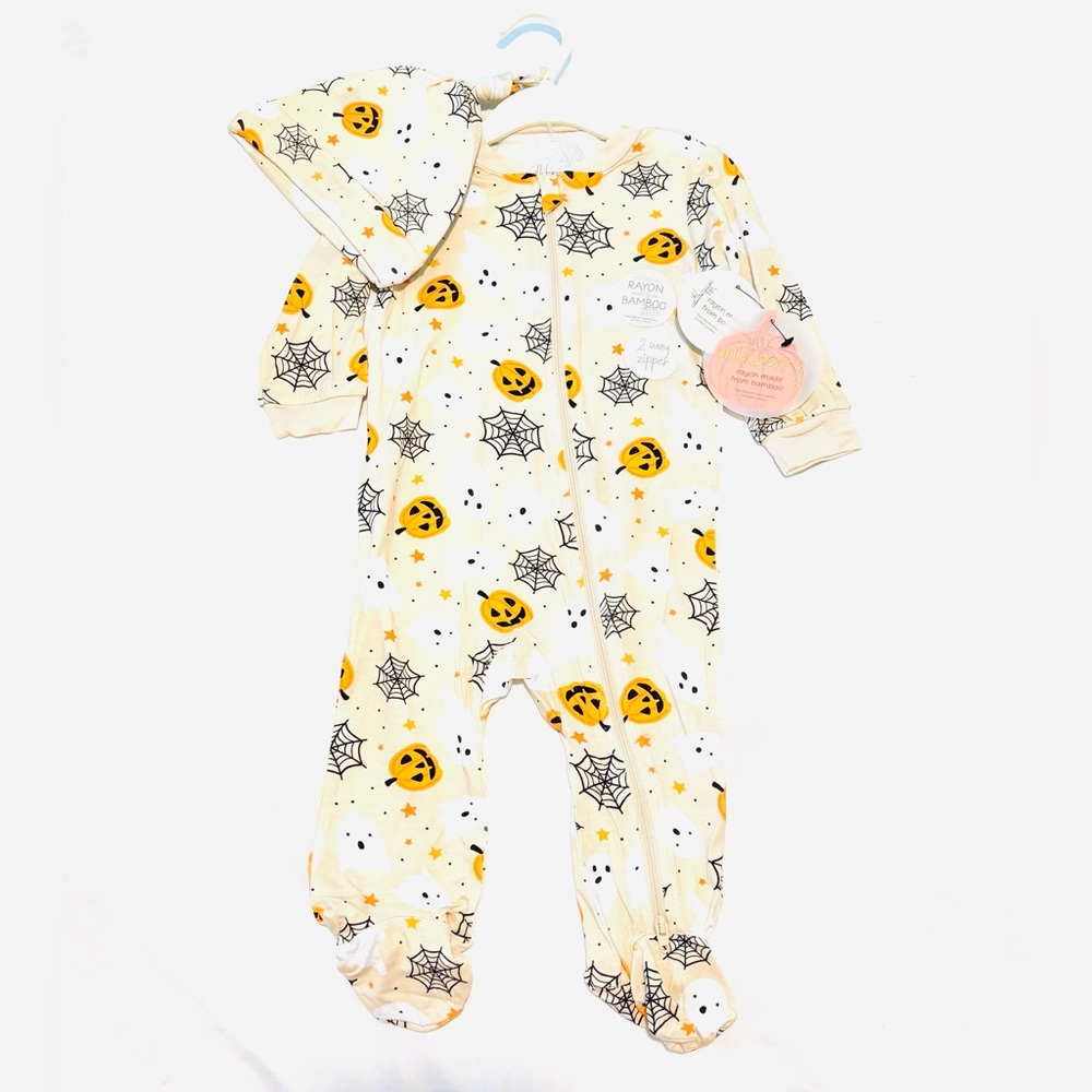 NEW BAMBOO Milkberry Halloween Pumpkin Pajama Set Hat Ghosts spider web Sleeper